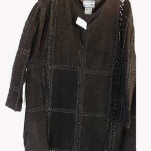 SUEDE JACKET, SIZE 2X, BLACK, TUNIC LENGTH, CROCHET OPENWORK, CROCHET BUTTONS &